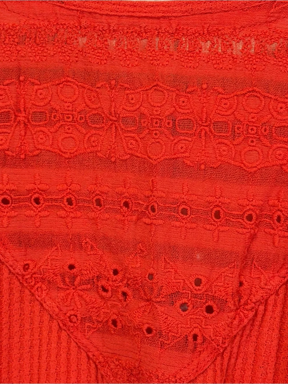 Free People Parisian Vermillion Top Embroidery Eyelet V-Neck Bell Sleeves